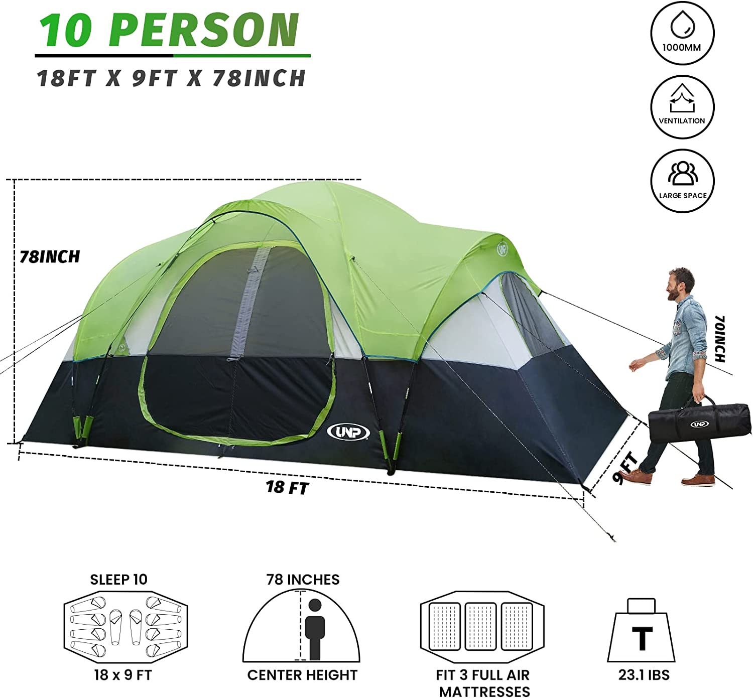 چادر کمپینگ 10 نفره UNP Camping Tent 10-Person - ارسال 20 الی 25 روز کاری
