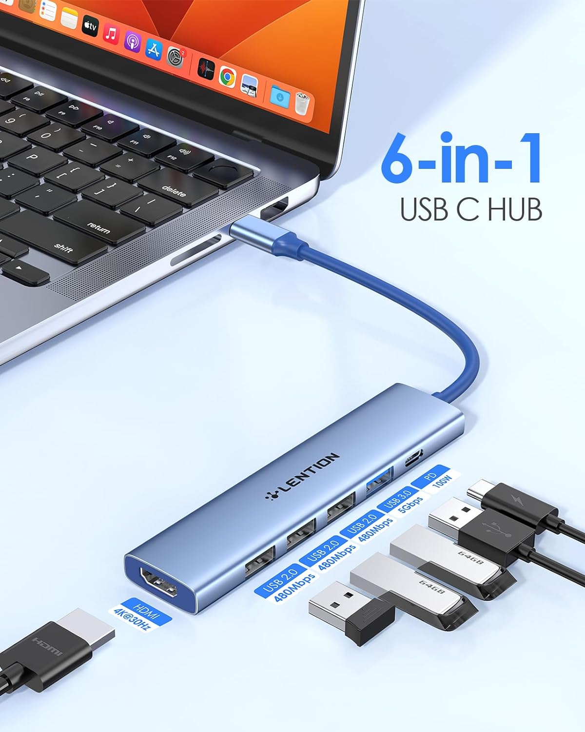 هاب 6 پورت لنشن تایپ C مدل LENTION USB C Hub Multiport  - ارسال 10 الی 15 روز کاری