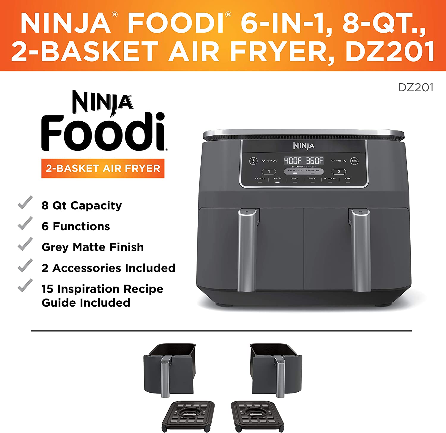 سرخ کن بادی 2 سبد 6 در 1 فودی 8 کوارت  Ninja DZ201 Foodi - ارسال 10 الی 15 روز کاری