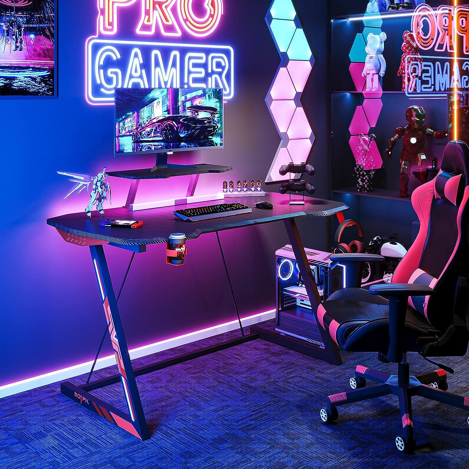 MOTPK Gaming Desk with LED Lights 39 Inch, Computer Desk with